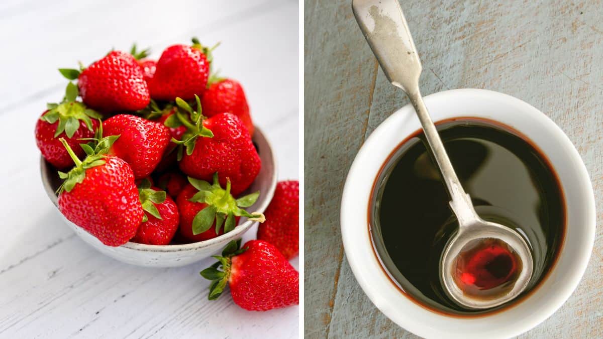 Collage of strawberries and balsamic vinegar.