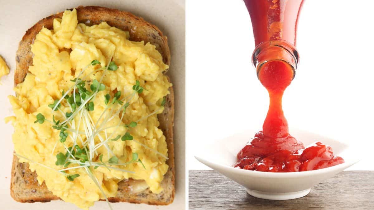 Collage of scrambled eggs and ketchup.