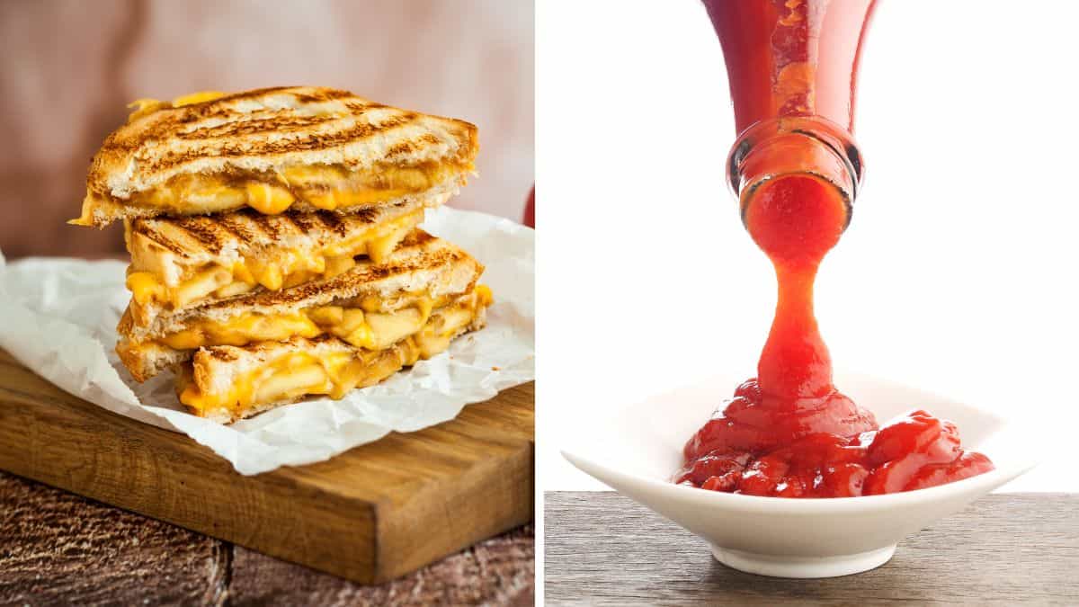 Collage of grilled cheese and ketchup.