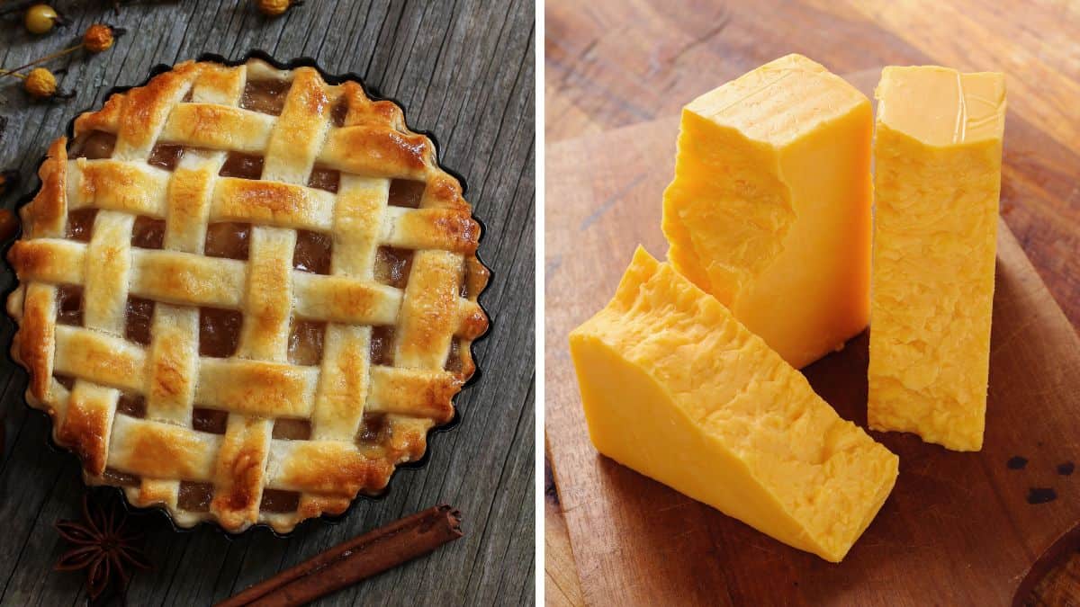 Collage of apple pie and cheese block.