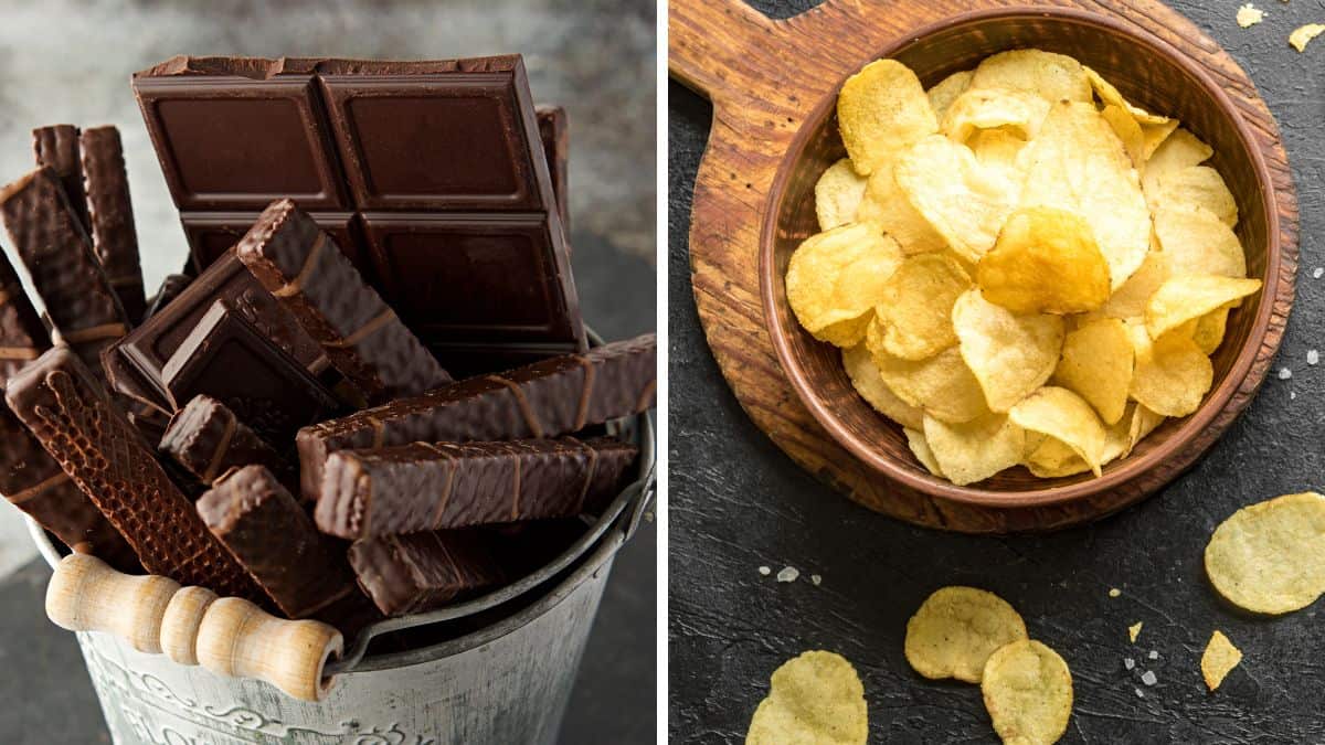 Collage of chocolate and chips.