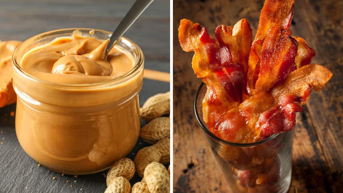 Collage of peanut butter and bacon.