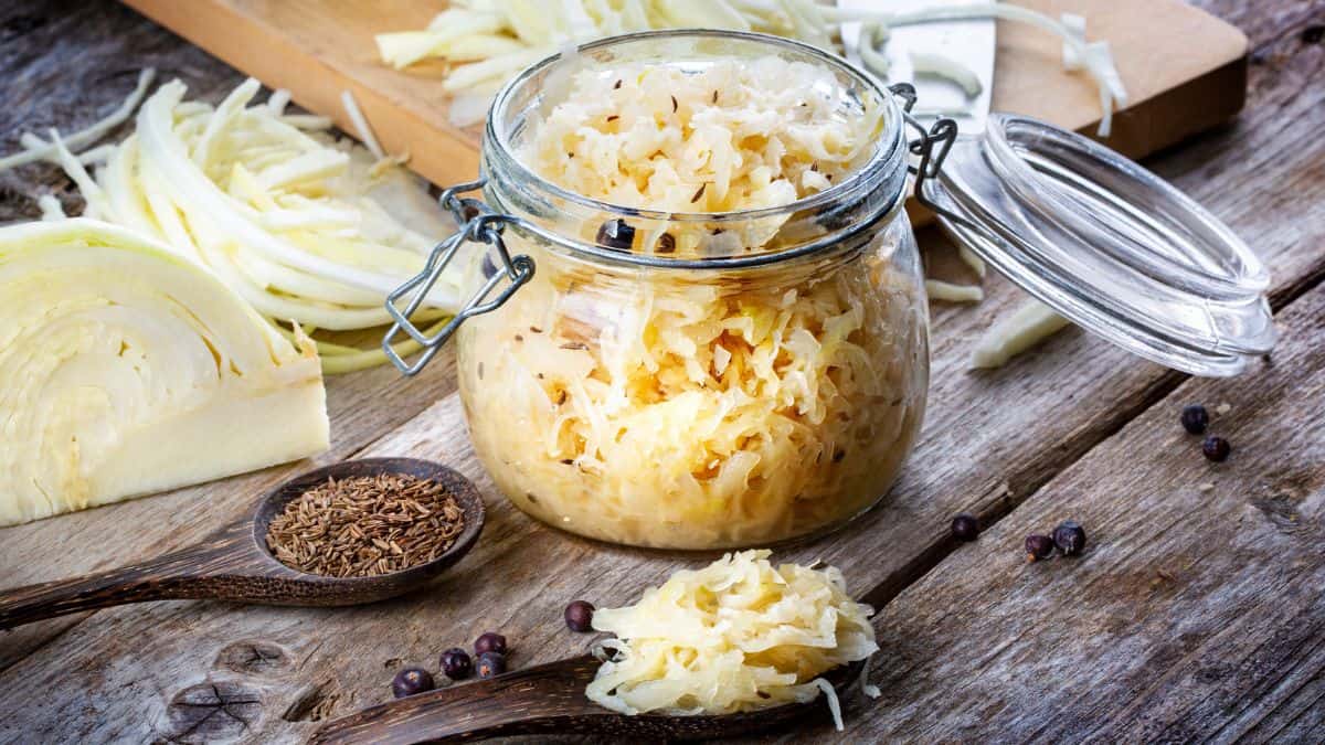 Sauerkraut in a glass jar.