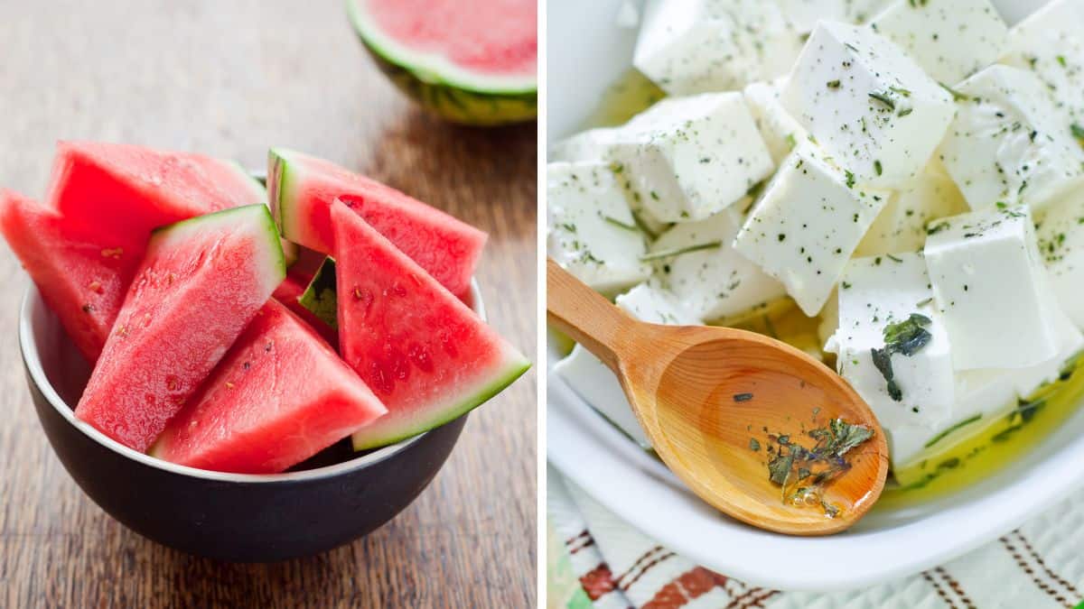 Collage of watermelon and feta.