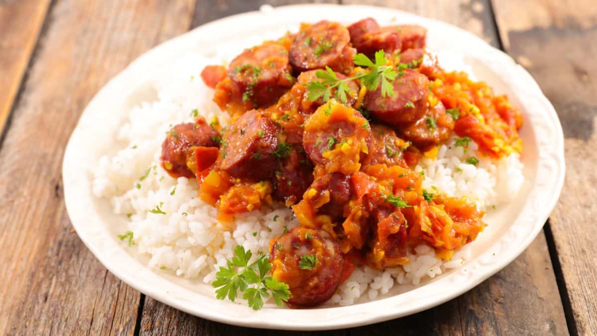 Rougaille served on a bed of rice.