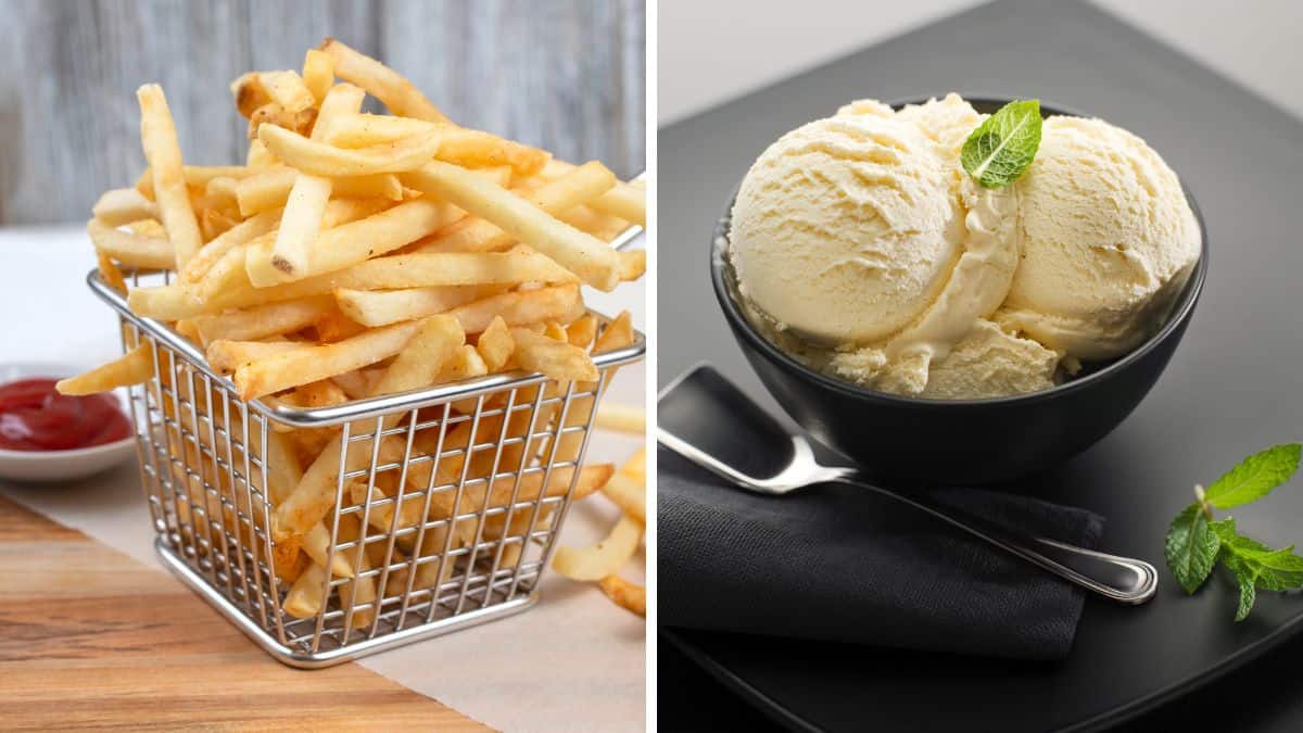 Collage of French fries and ice cream.