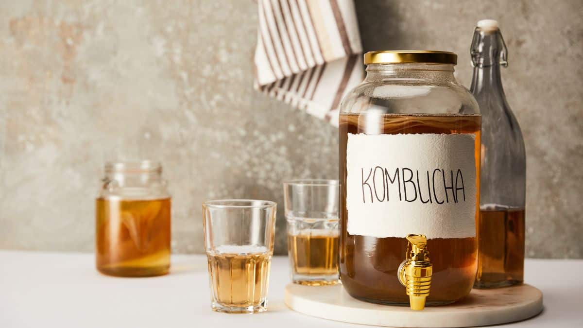 A large jar of kombucha on a table.