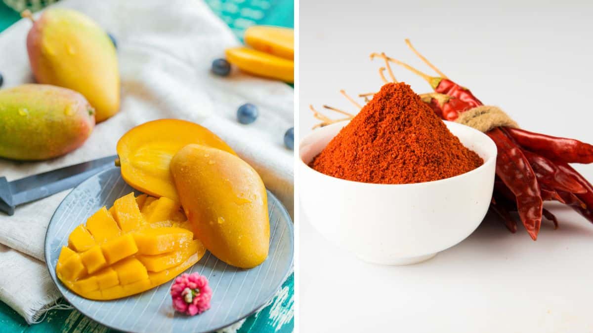 Collage of mango and chili powder.