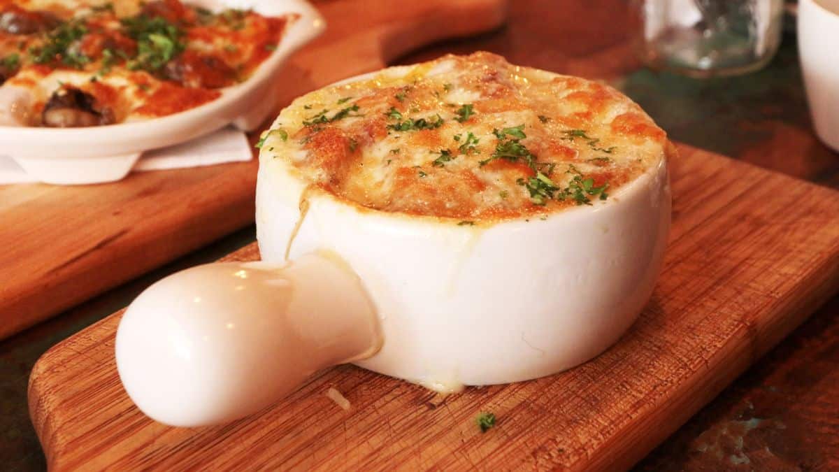 Cheese broiled over soup.