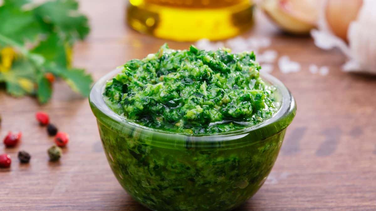 Salsa verde in a glass bowl.