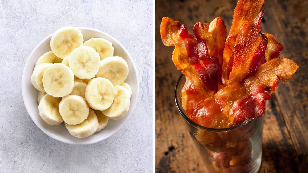 Collage of banana slices and bacon.