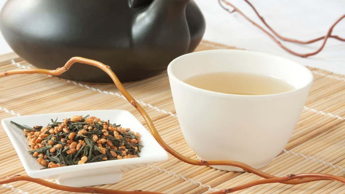 Japanese genmaicha in a white cup.