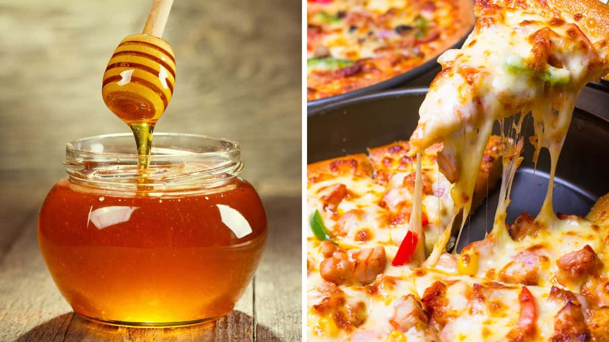 Collage of honey and pizza.