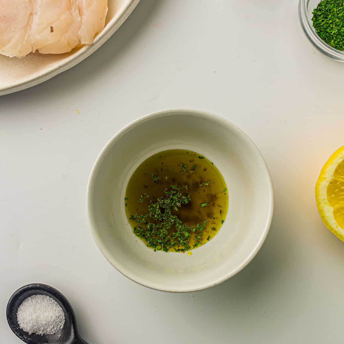 Ingredients of marination in a small bowl.