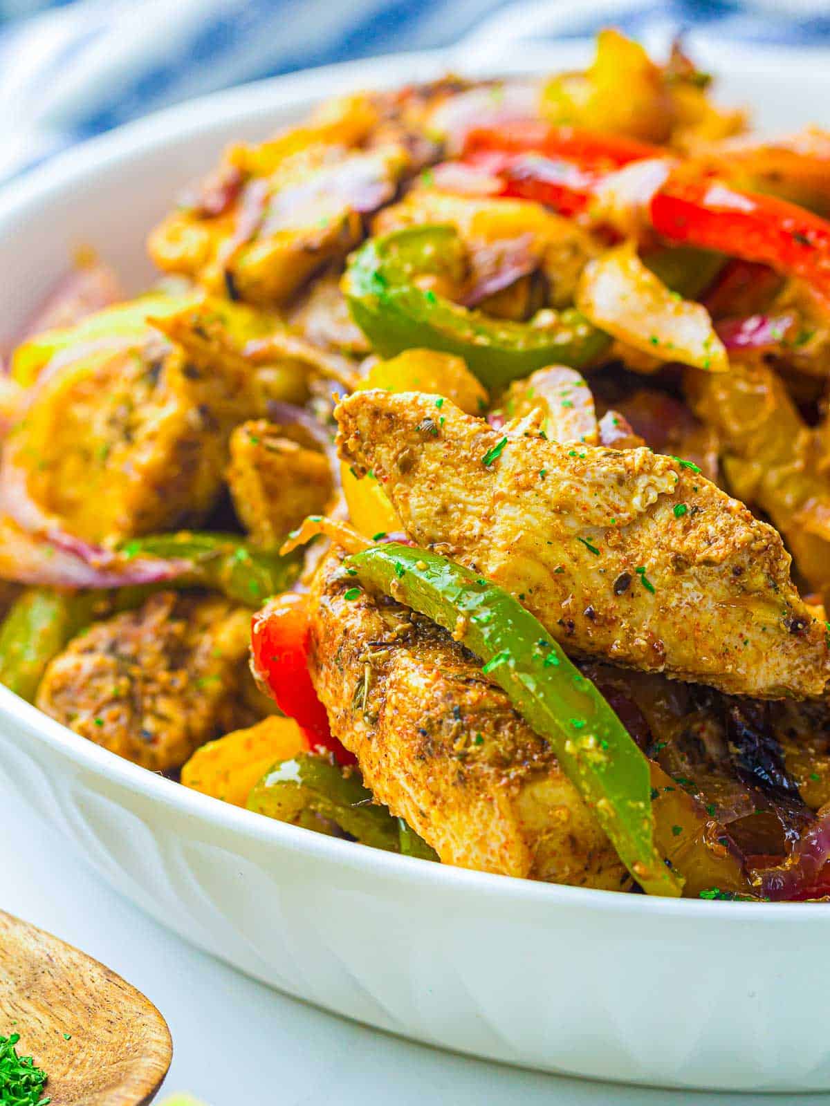 Close up of chicken fajitas.