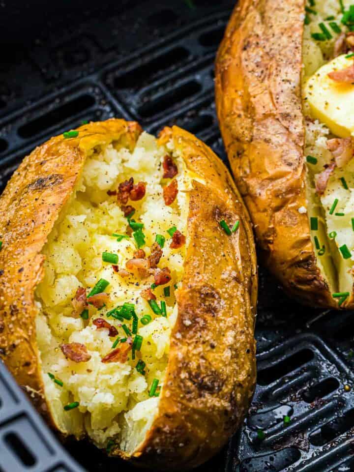 Jacket potatoes with toppings in air fryer.