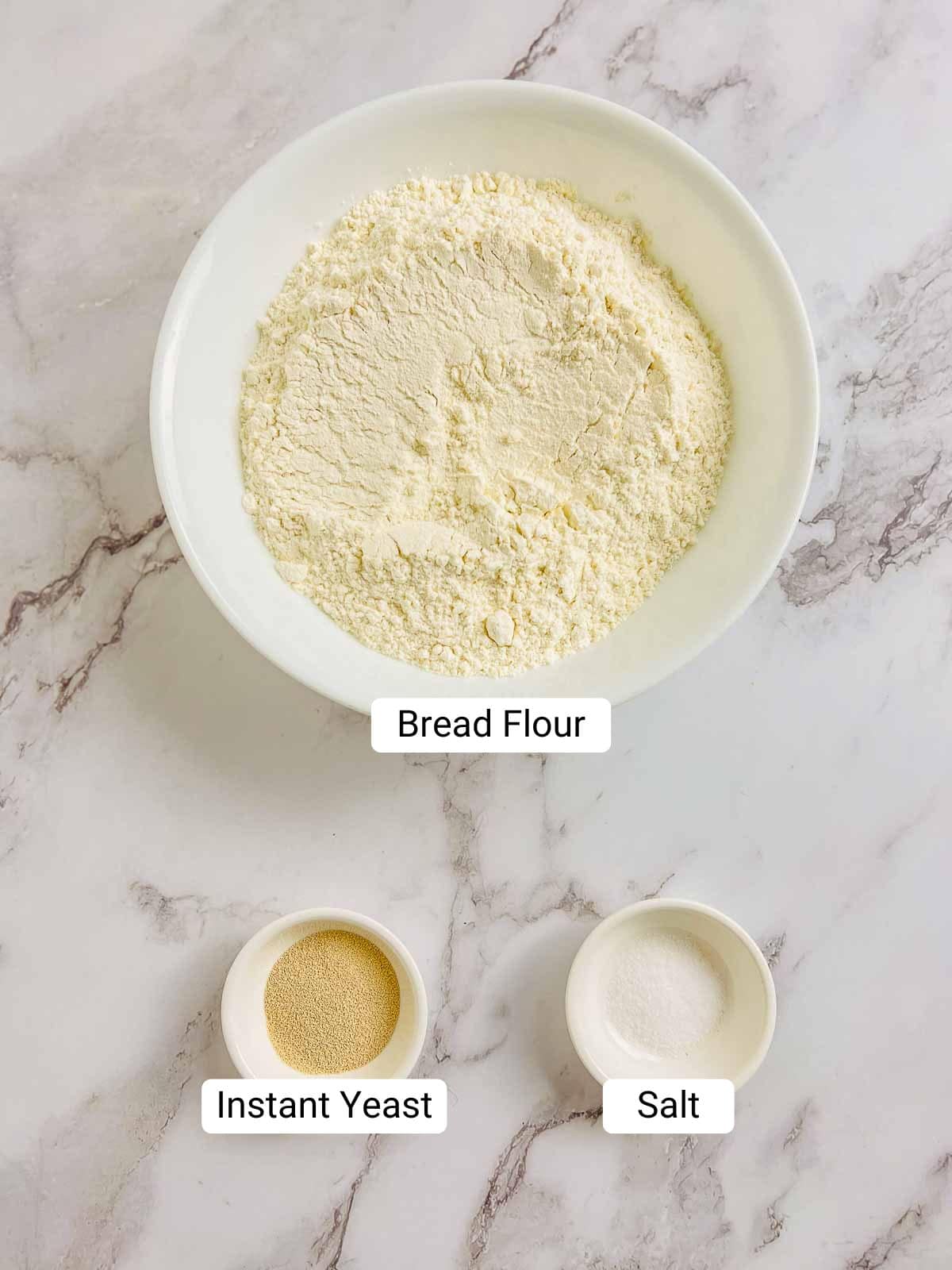 Ingredients to make no-knead yeast bread.