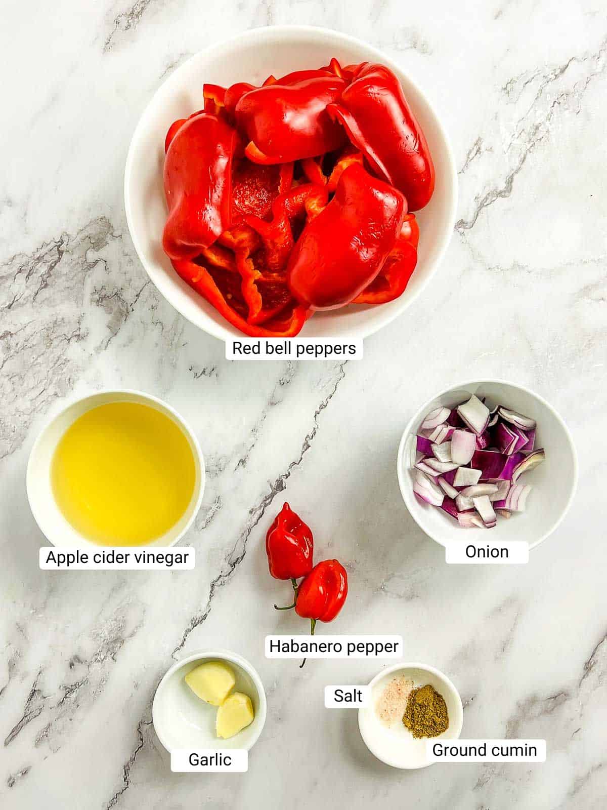 Ingredients to make this sauce placed on a marble surface.