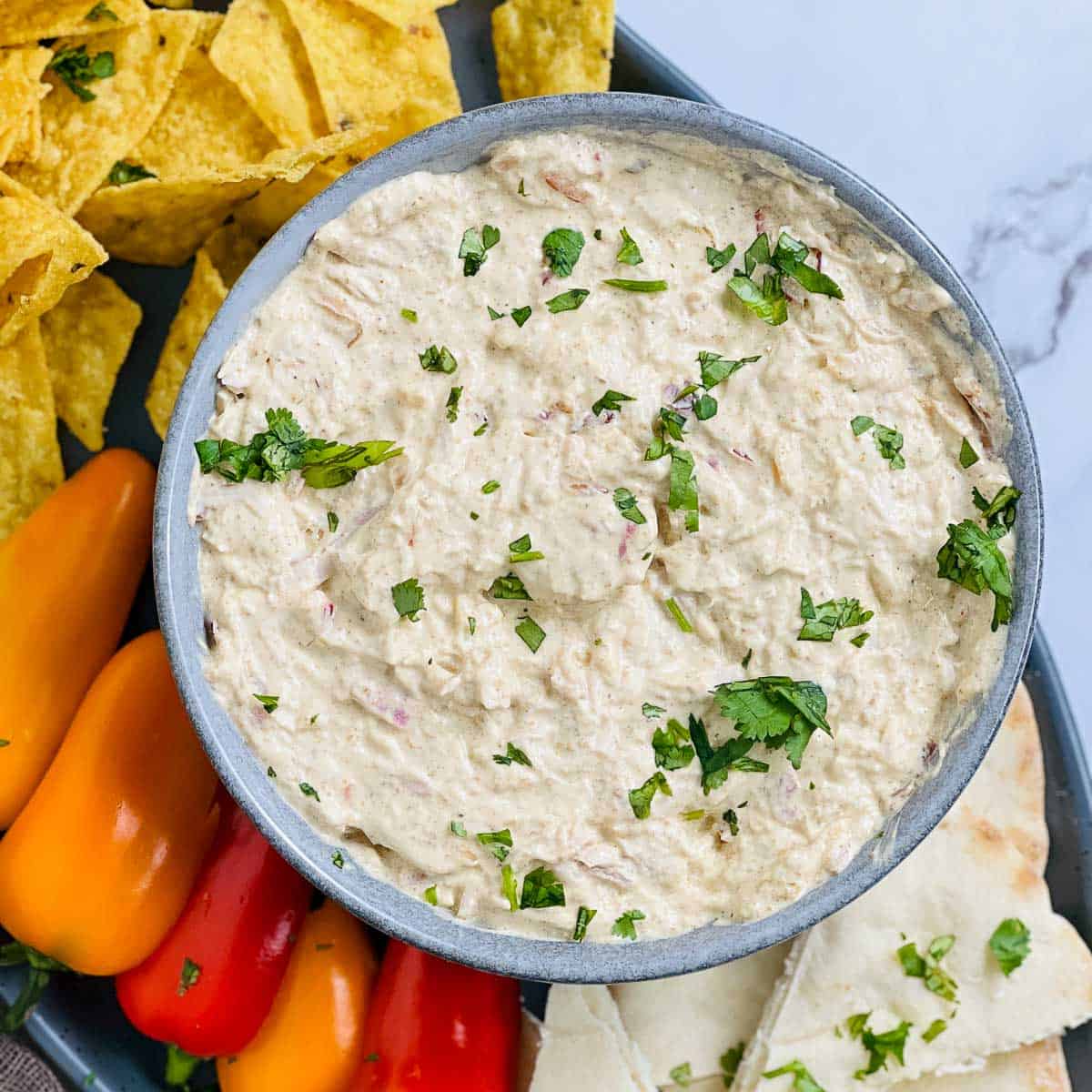 Tandoori chicken dip in a grey bowl garnished with cilantro.