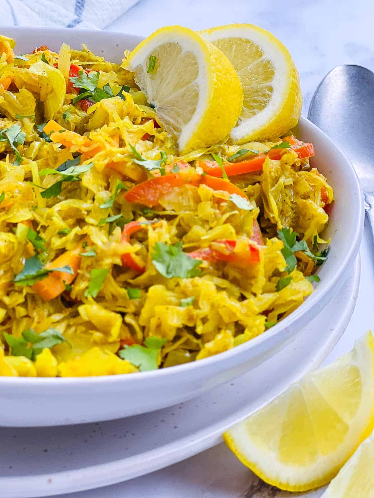 Close up of curried cabbage stir fry.