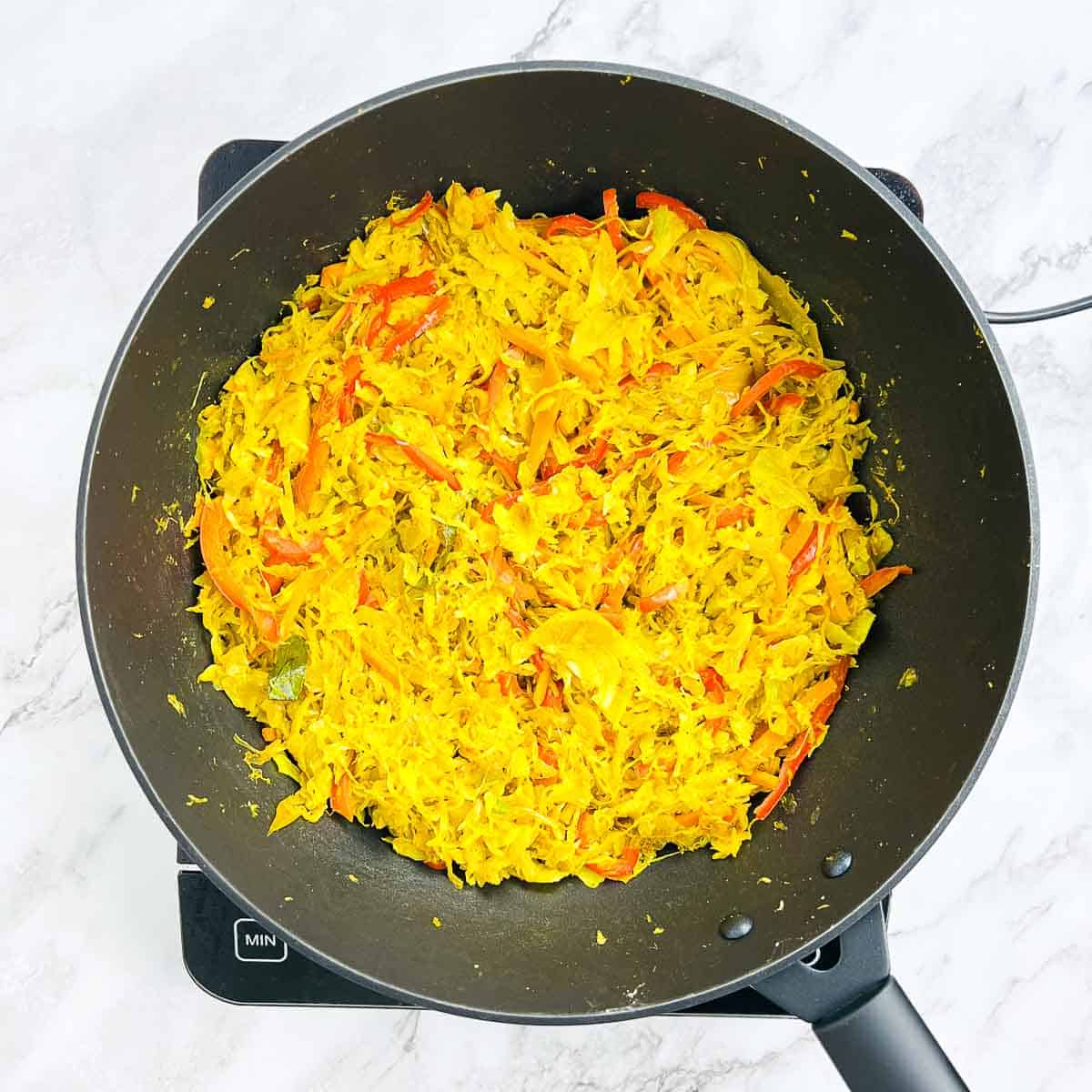 Cabbage cooked in the pan.