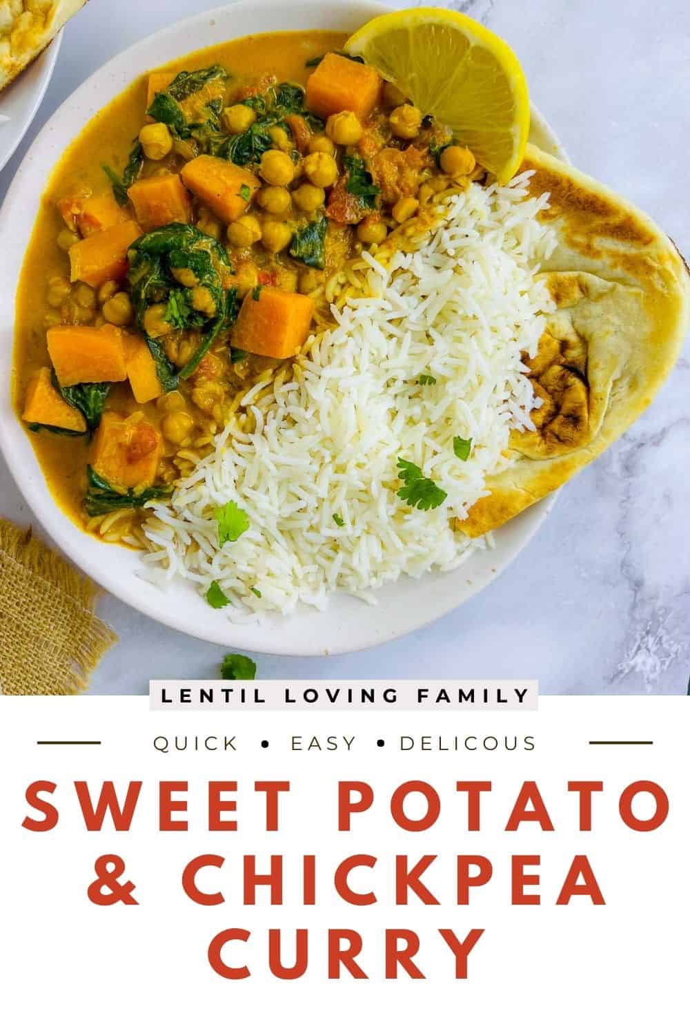 Sweet potato chickpea curry Pinterest image.