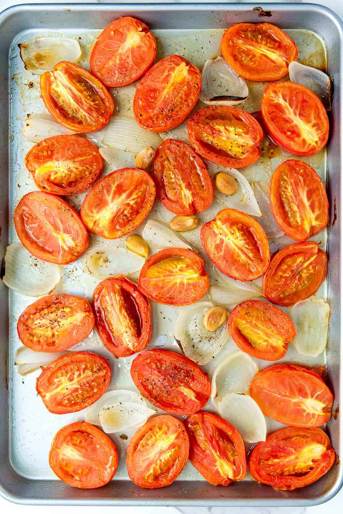 Roasted veggies on baking sheet.