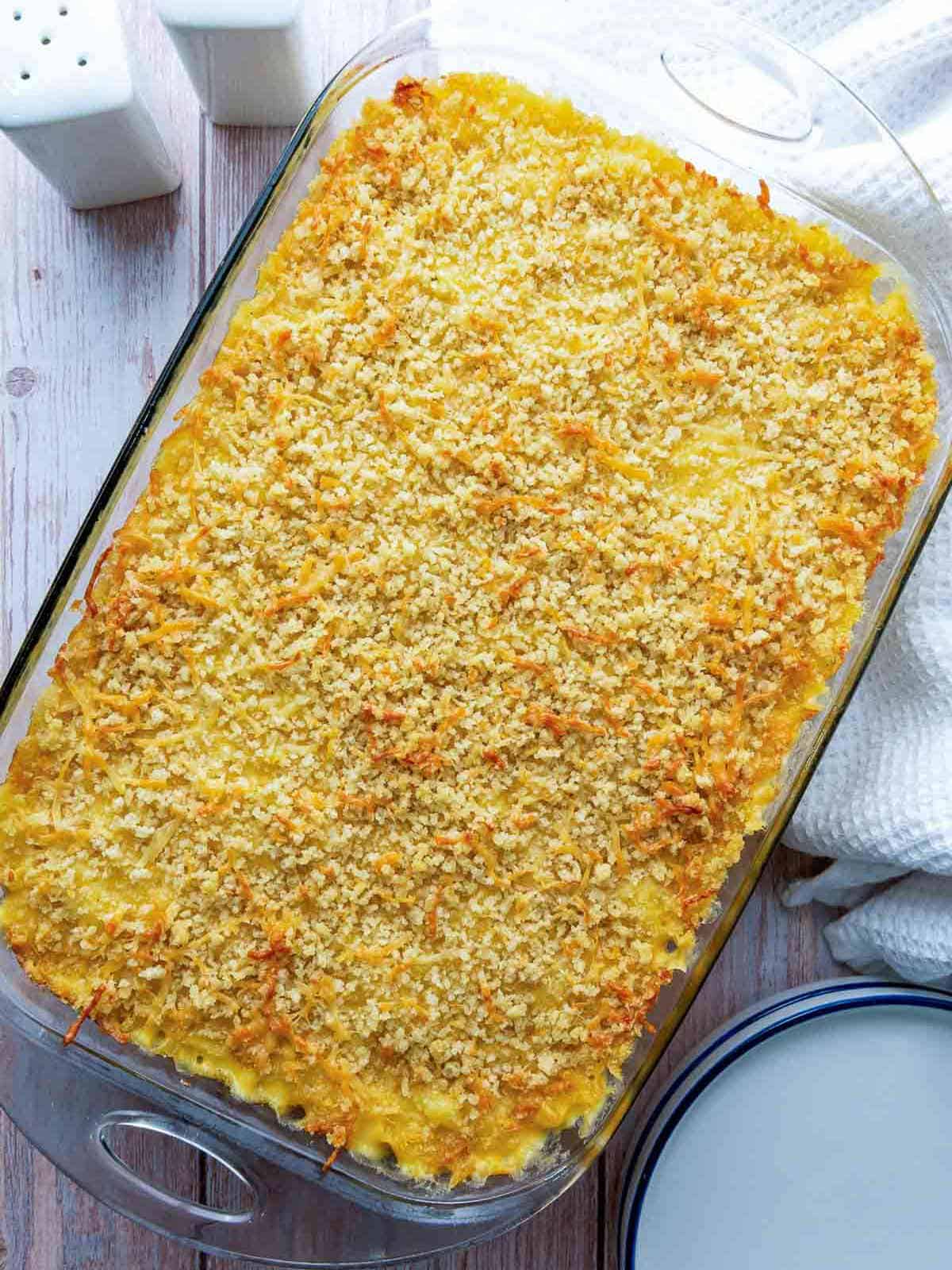 Mac and cheese baked until golden brown.