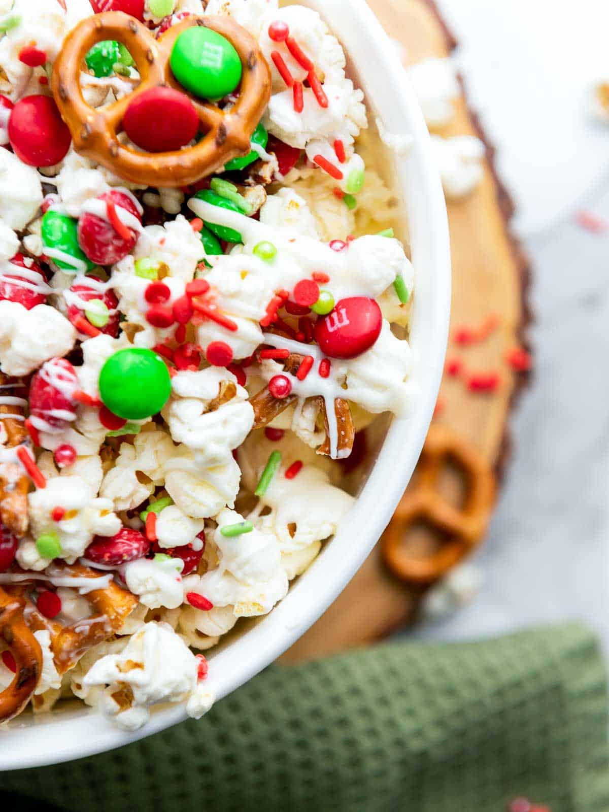 Close up of Christmas popcorn.