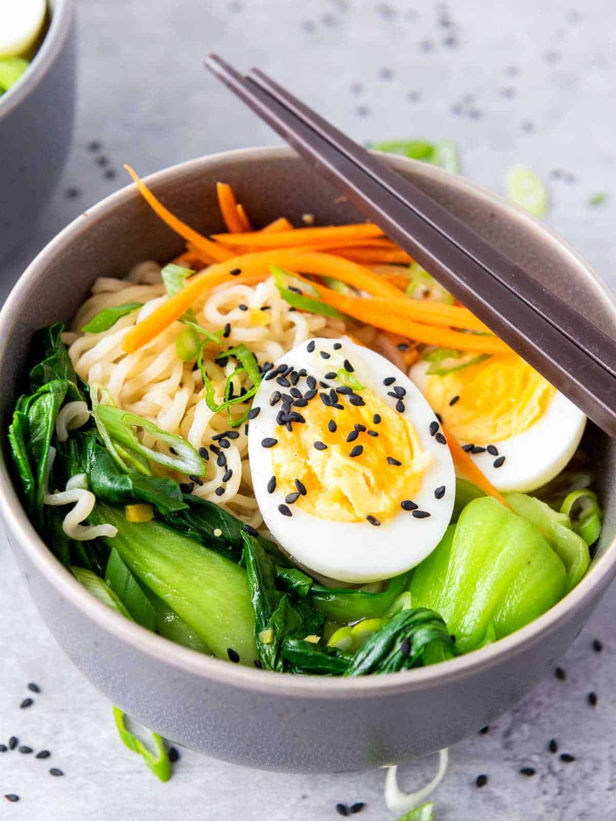 Elevated ramen noodles bowl close up.