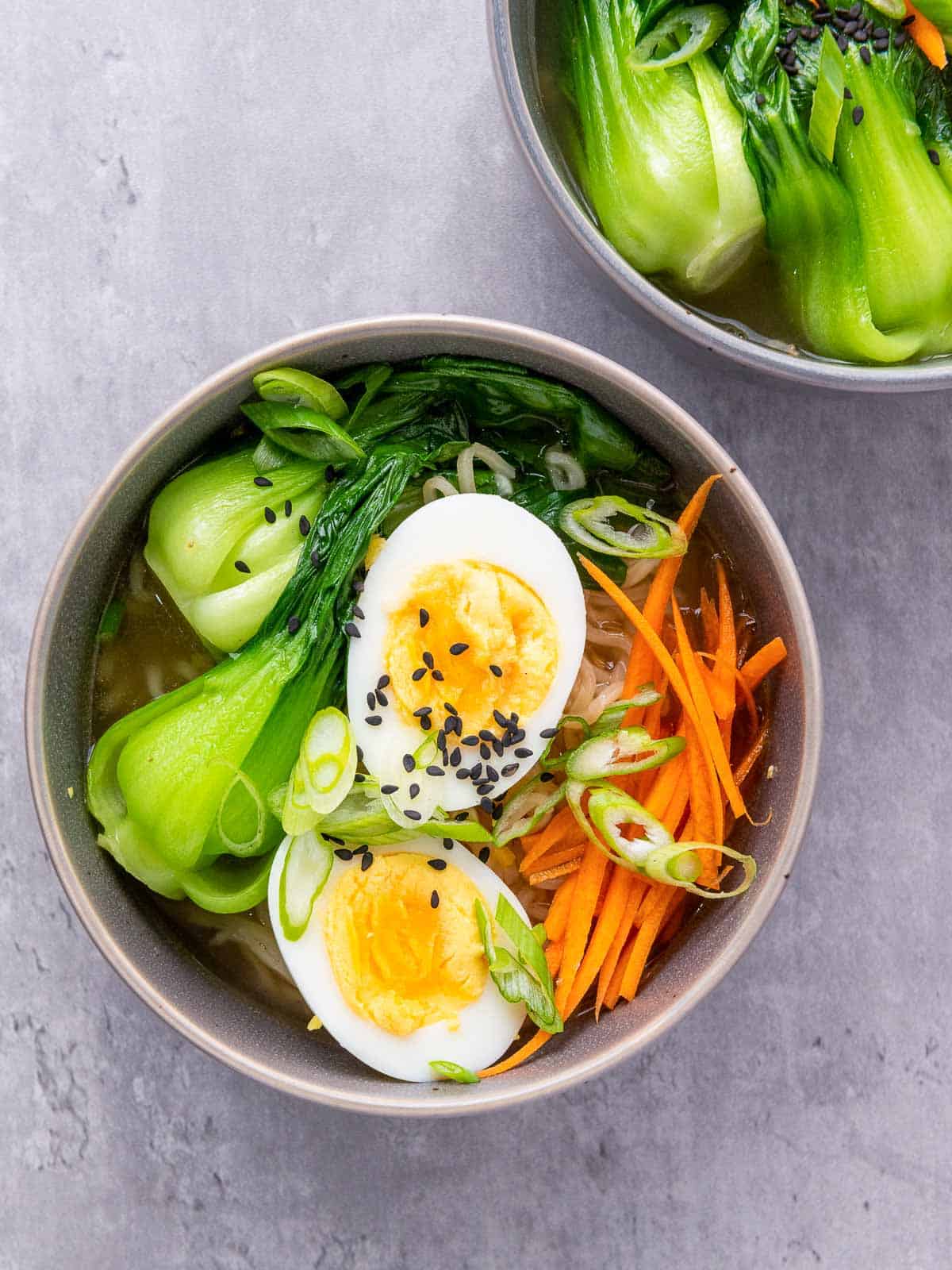 Bowl garnished with carrots, green onion, and sesame seeds.