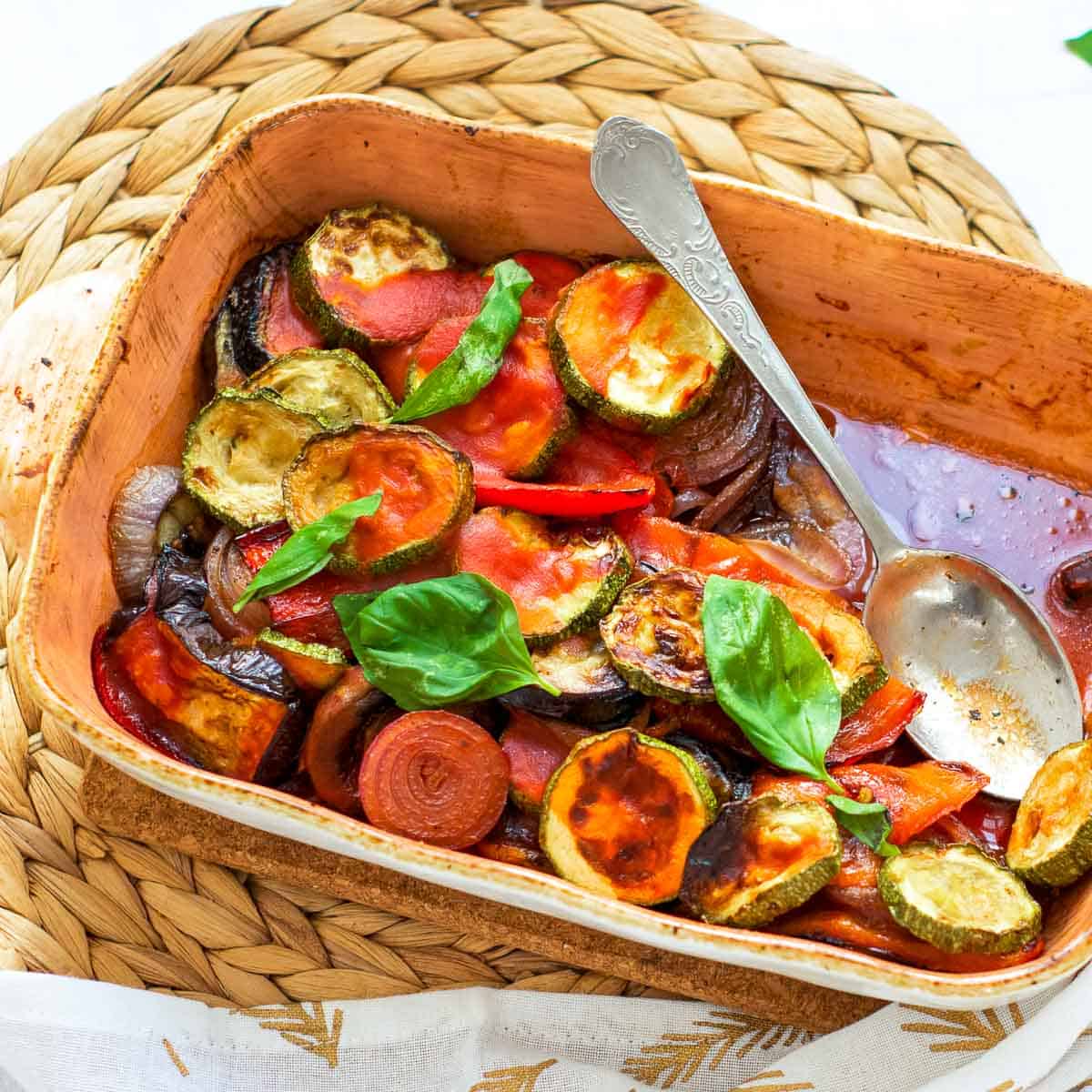 Ratatouille Casserole in a casserole dish.