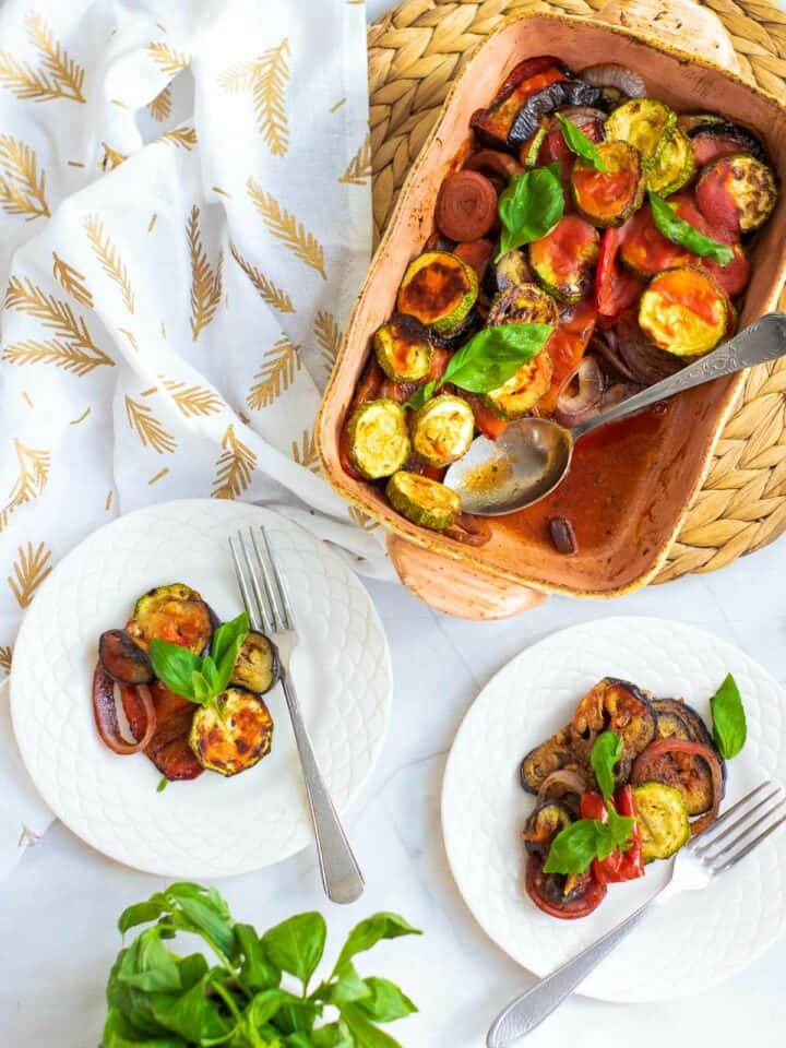 Ratatouille Casserole served on two white plates.