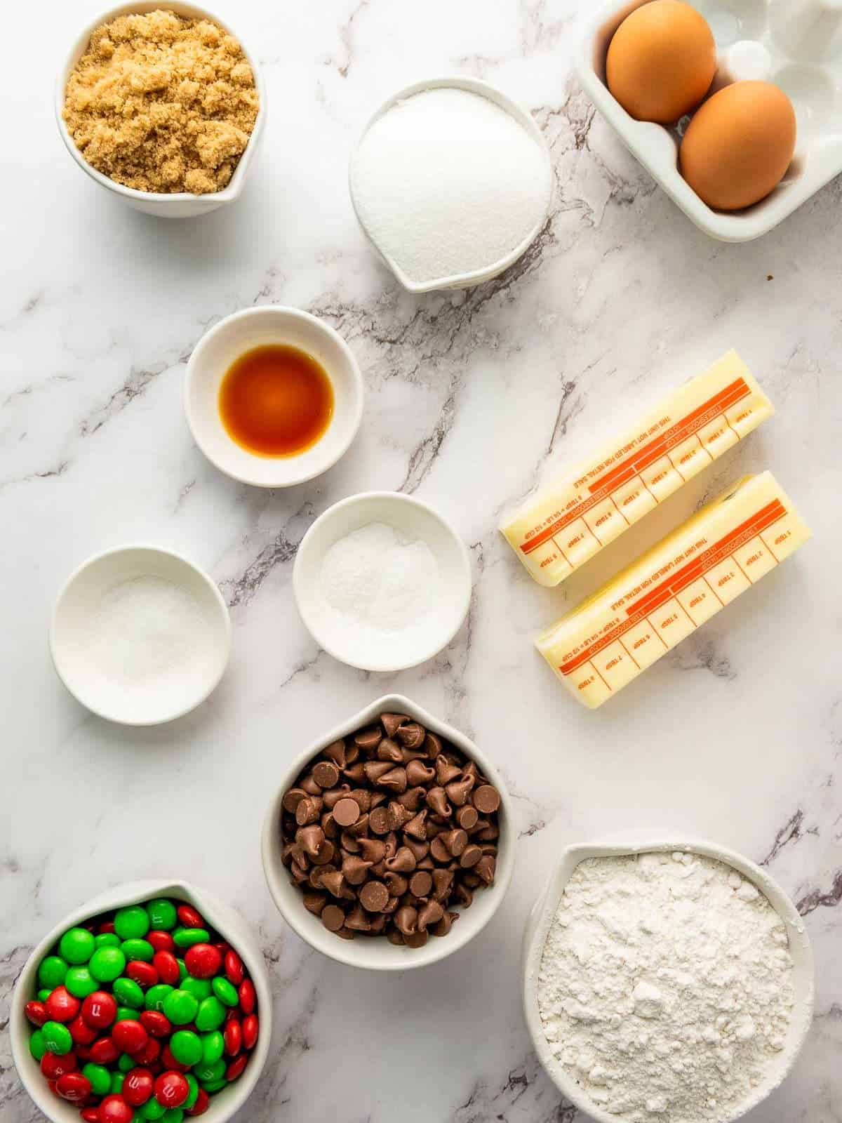 Ingredients placed on a marble surface.