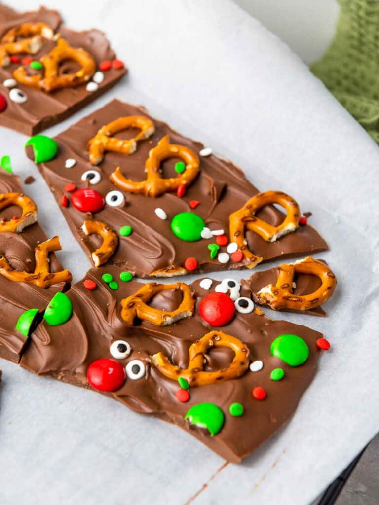 Chocolate bark on a parchment paper.