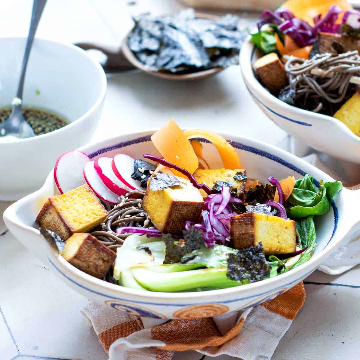 Close up of smoked tofu poke bowl.