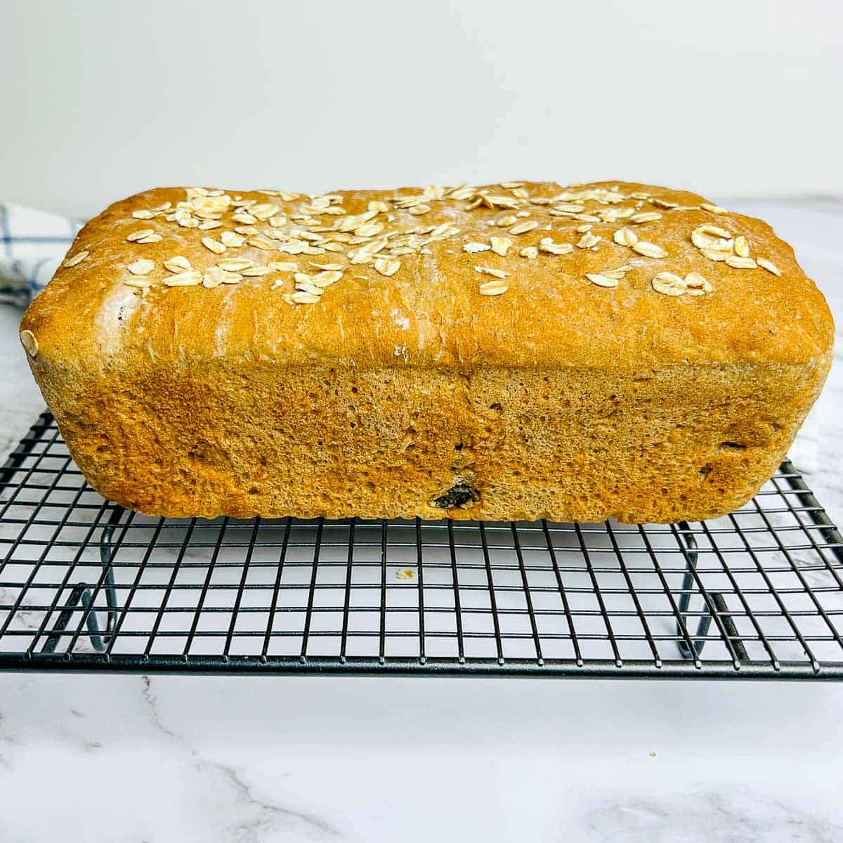 Side view of bread on the wire rack.