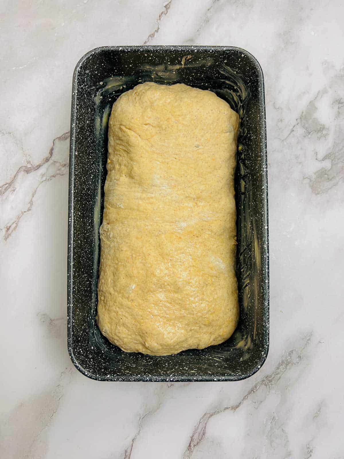 Dough shaped and placed in a loaf tin.