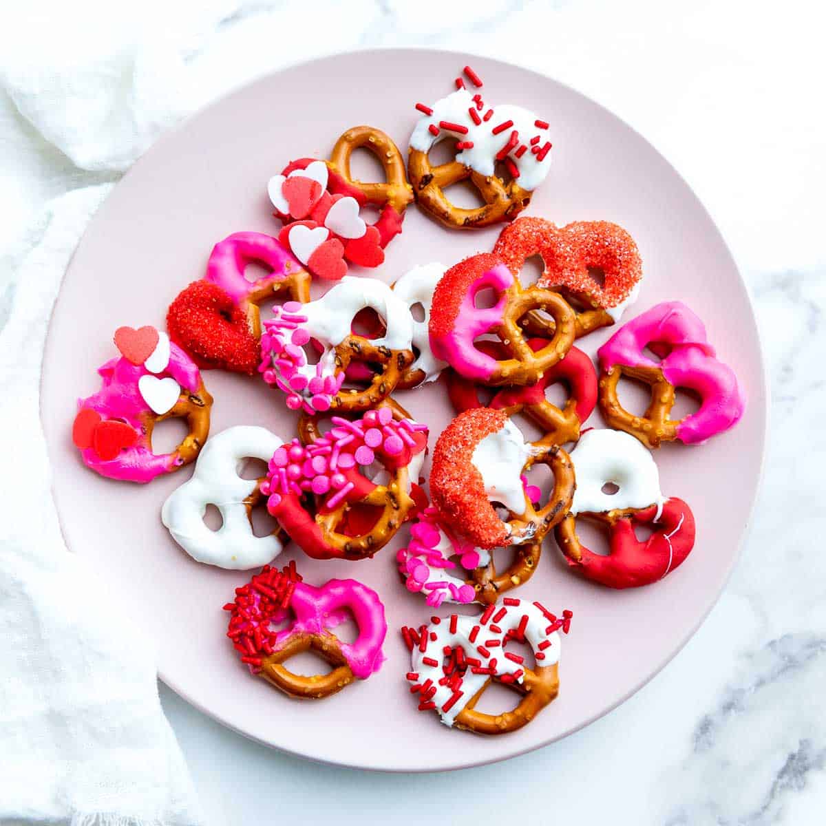 Valentine's dat pretzels on a white plate.