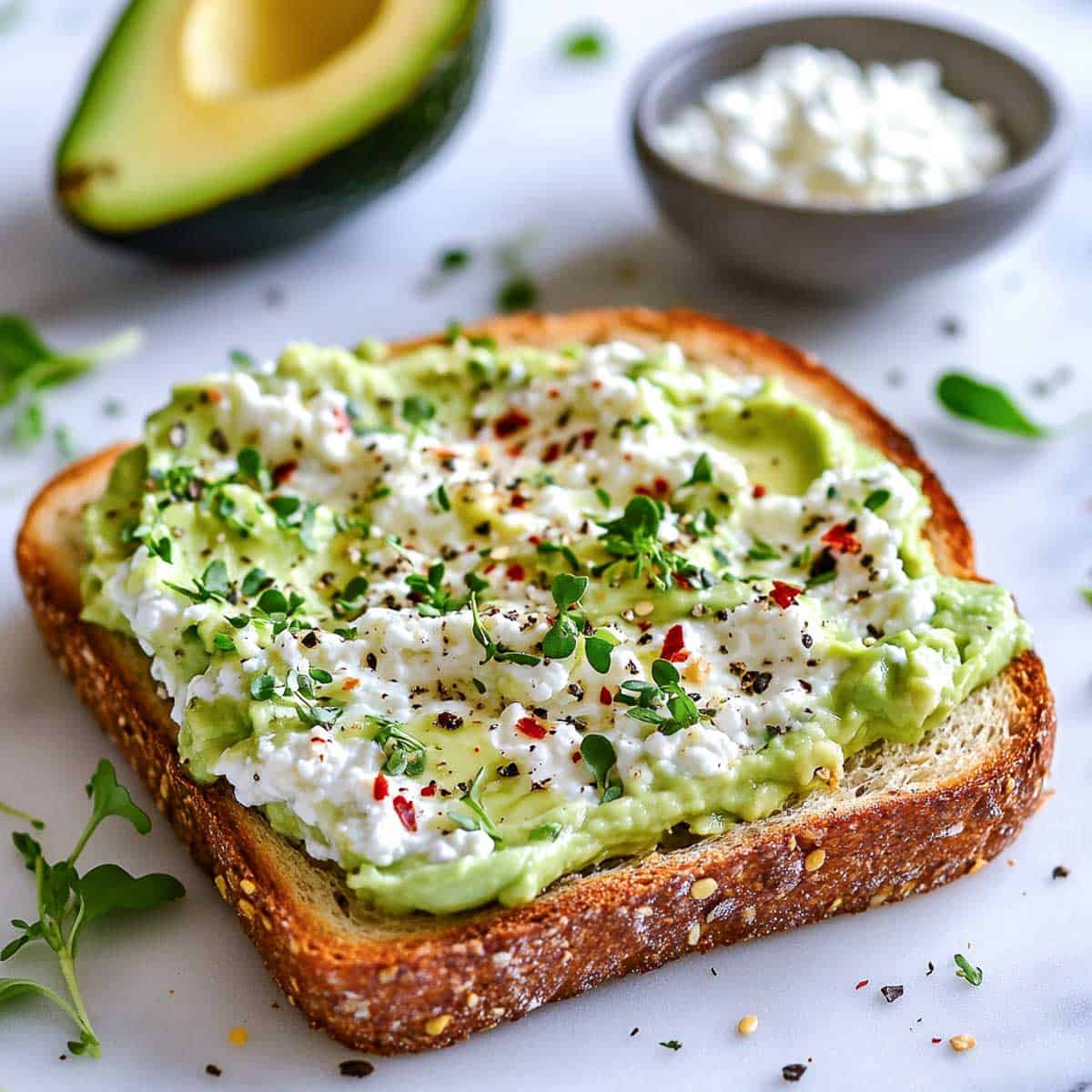 Avocado toast on a marble surface with avocado in the background.