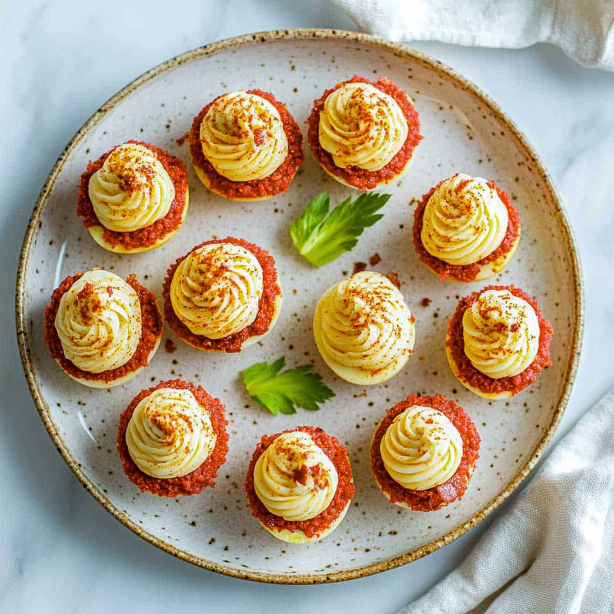 A plate of bloody mary deviled eggs on a marble surface.