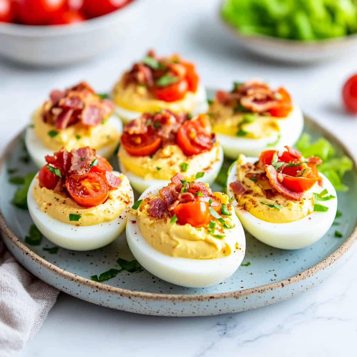 Side view of BLT deviled eggs.