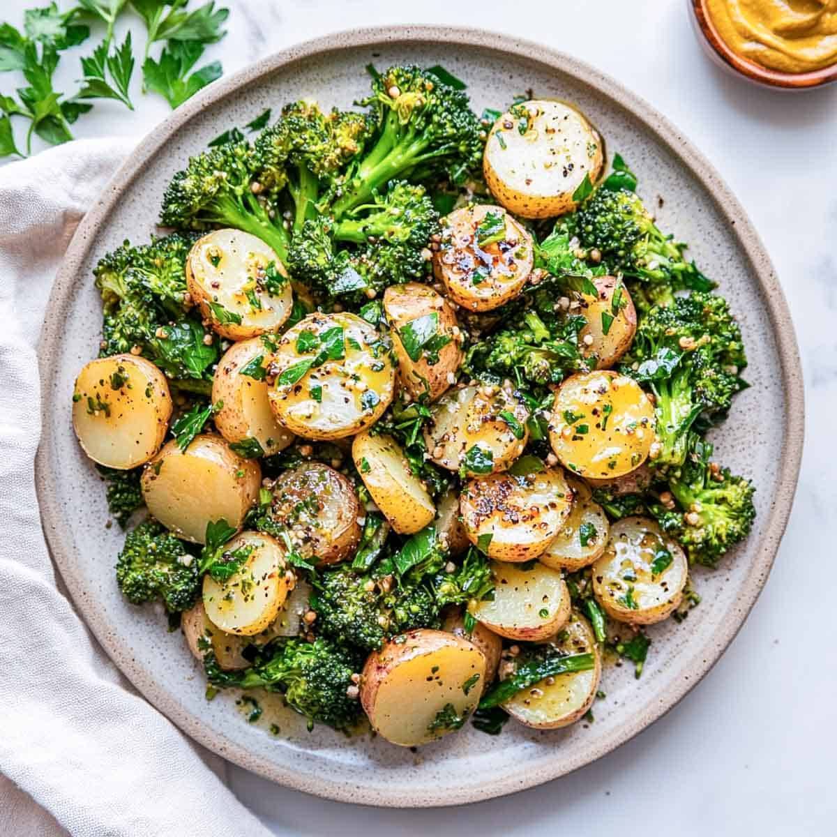 A plate of broccolini potato salad on a marble surface.