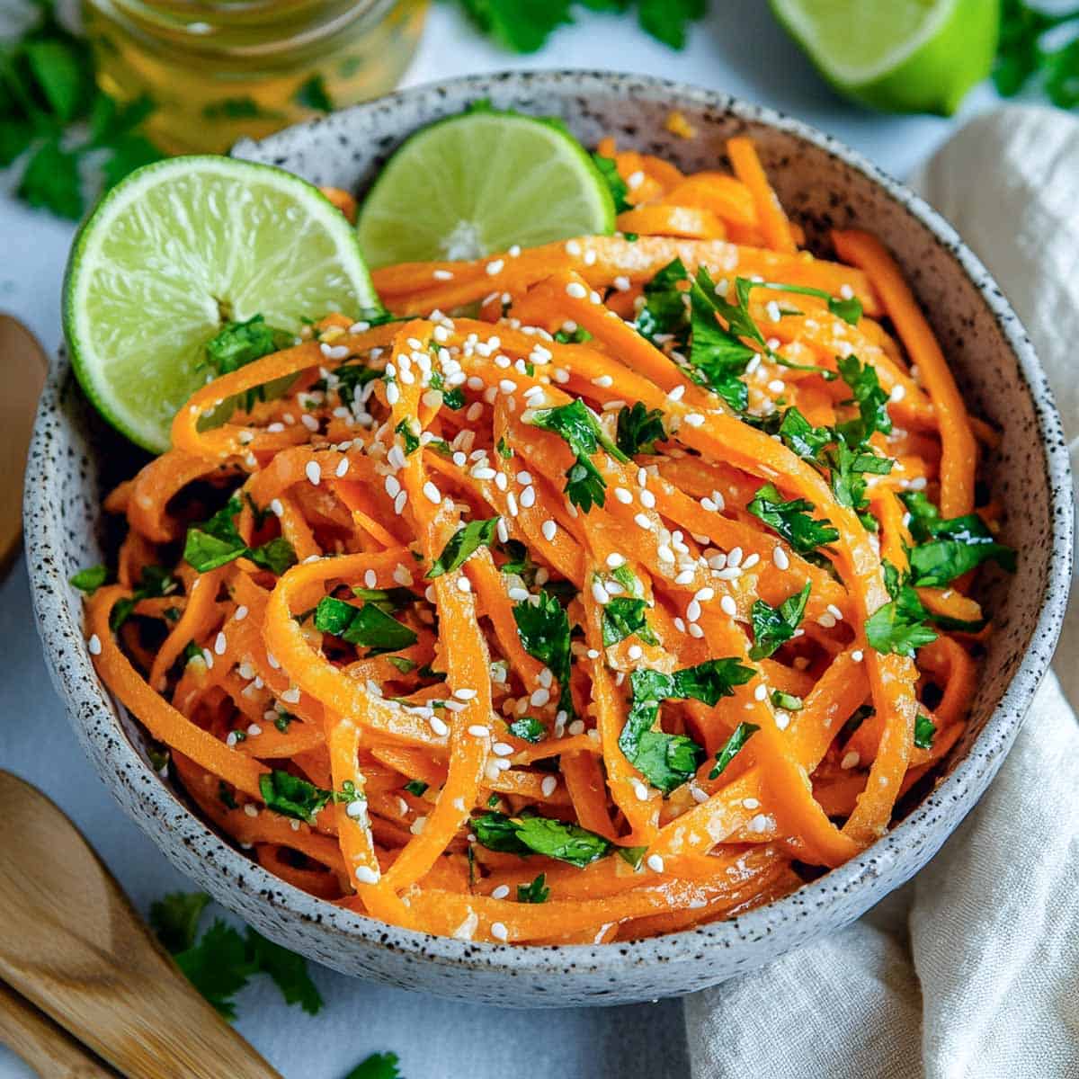 Raw carrot salad served in a wide grey bowl topped with lime slices.