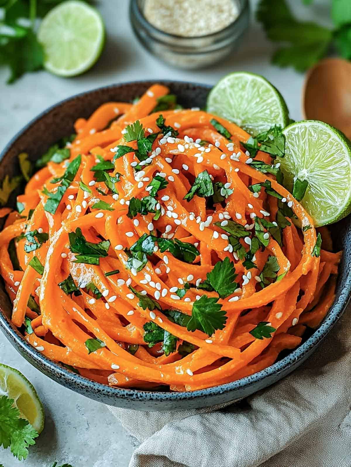 Side view of carrot salad garnished with parsley and sesame seeds.