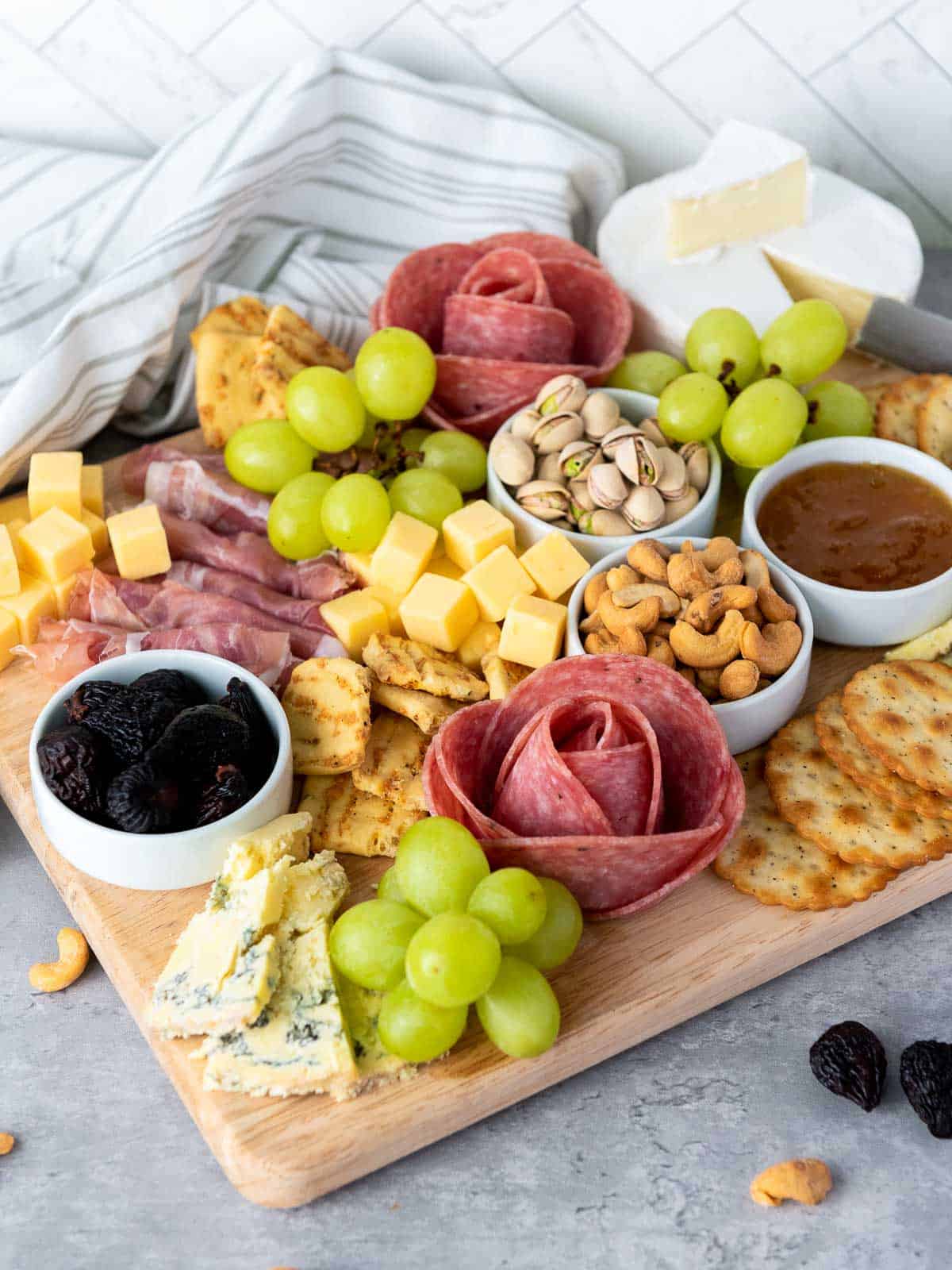 Side view of a classic charcuterie board.