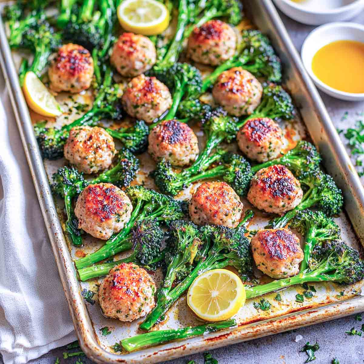 Meatballs and broccolini cooked on a sheet pan and served with lemon wedges.