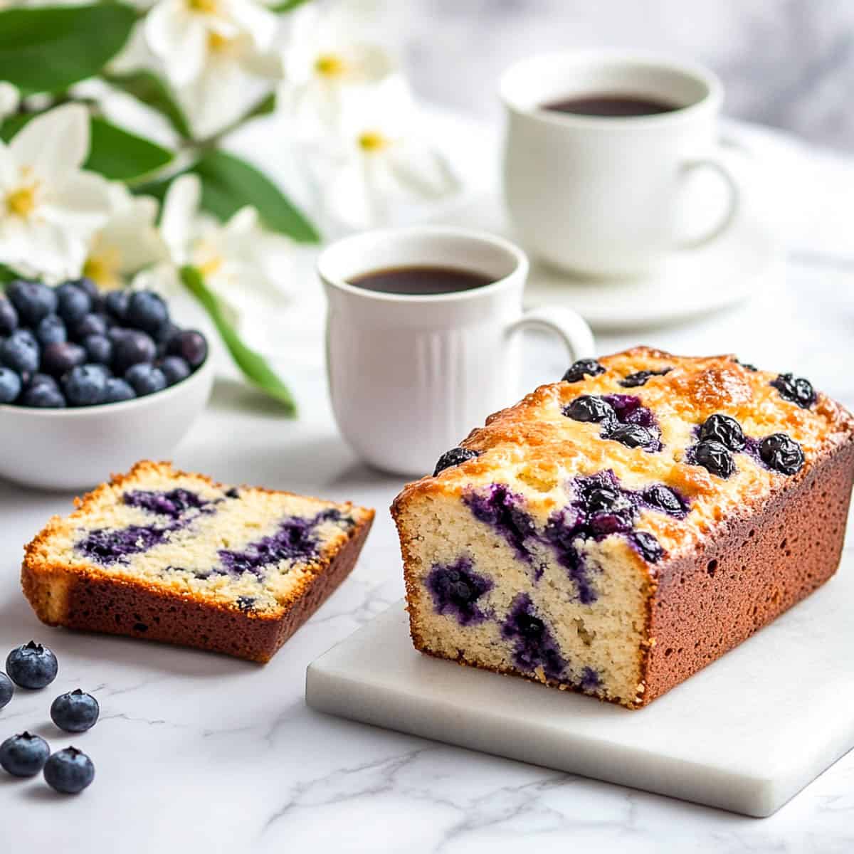 Blueberry breakfast loaf cake on a marble board with spring flowers and cups of coffee in the background.