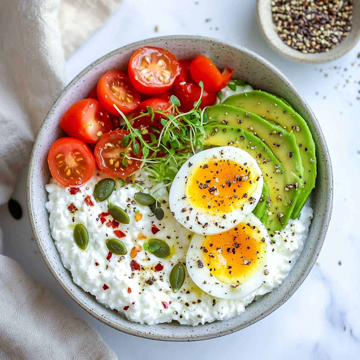 Cottage cheese protein bowl on a marble surface.