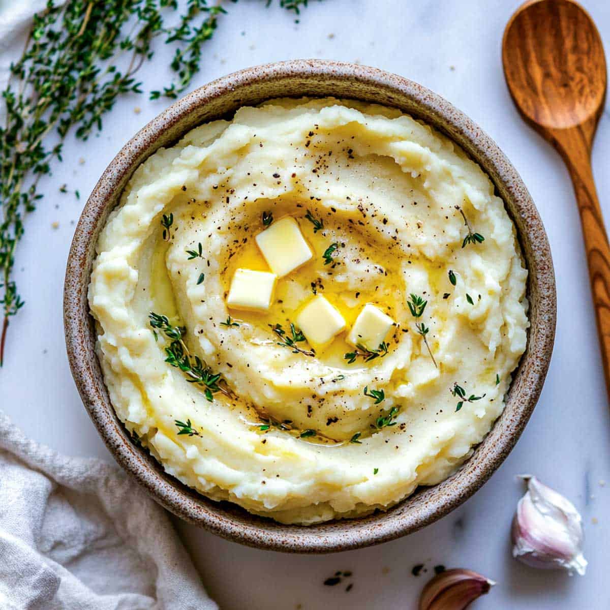 A bowl of mashed potatoes topped with butter.